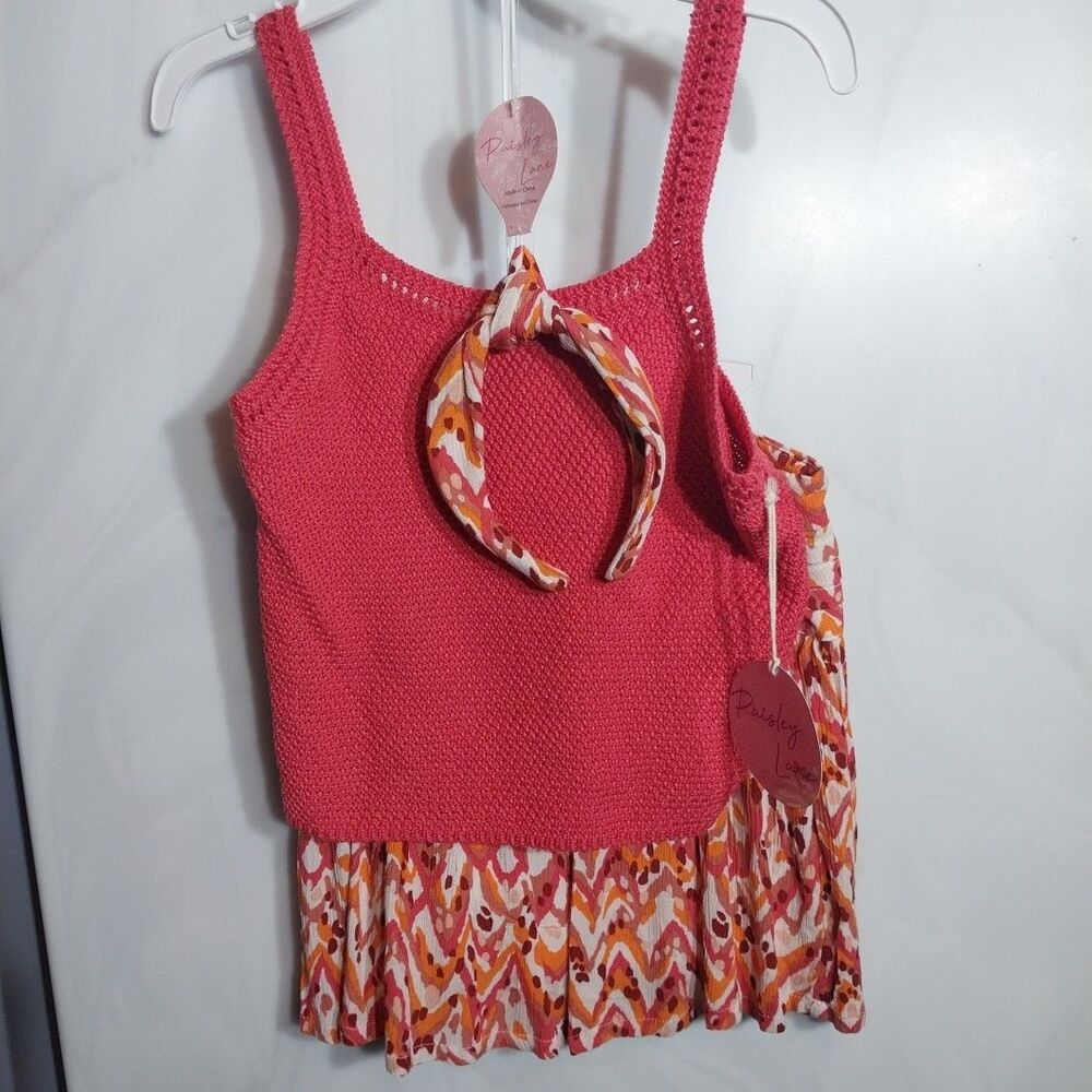 Girls 3 Piece Set Tank Skort Headband Size 10 Crochet Boho Coral Pink Outfit NWT